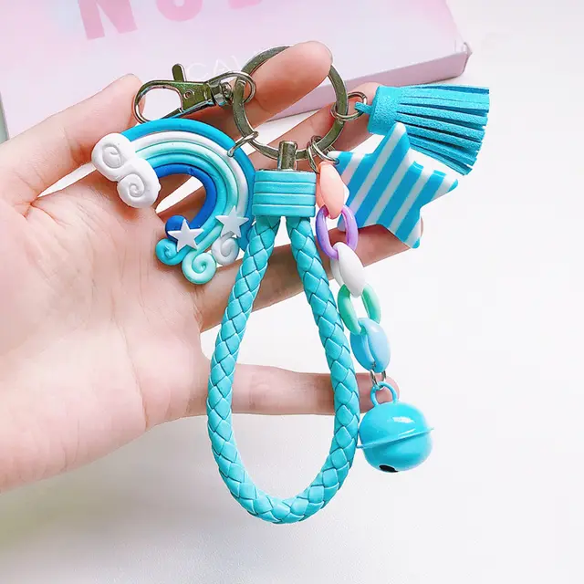 Korean Version Of Cute Girl Heart Creative Soft Pottery Rainbow Keychain Female Student Schoolbag Lollipop Pendant Key Accessories Blue Rainbow - Shop at LoveMi