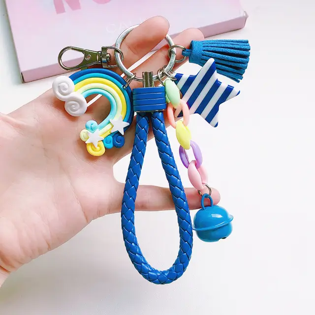 Korean Version Of Cute Girl Heart Creative Soft Pottery Rainbow Keychain Female Student Schoolbag Lollipop Pendant Key Accessories Royal Blue Rai... Royal Blue Rainbow - Shop at LoveMi