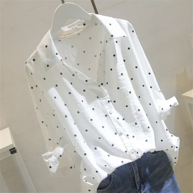 Polka Dot Sweet Fashion Shirt Women Summer New Style V Neck Loose Tie Short Sleeved Korean Shirt Women White - Shop at LoveMi
