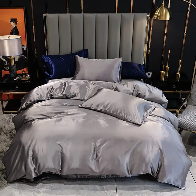 Three Piece Set Of Imitation Silk Satin Bedding Home Textile Quilt Cover And Pillowcase Grey - Shop at LoveMi