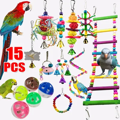 Parrot Combination Toy 10 Piece Set Wooden Bead Rotating Ladder Swing Stand Wooden Ladder Sepak Takraw Chewing Toy Photo Color 15Pcs Set - Shop at LoveMi