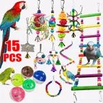 Parrot Combination Toy 10-Piece Set Wooden Bead Rotating Ladder Swing Stand Wooden Ladder Sepak Takraw Chewing Toy - Photo Color 15Pcs Set - View 1