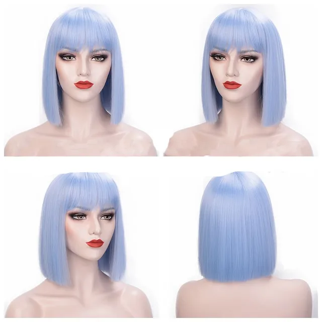 Full Lace Straight Hair Shoulder Length Short Bob Wigs For Women With Bangs Ombre Gray 12Inches Blue - Shop at LoveMi