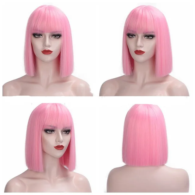 Full Lace Straight Hair Shoulder Length Short Bob Wigs For Women With Bangs Ombre Gray 12Inches Pink - Shop at LoveMi