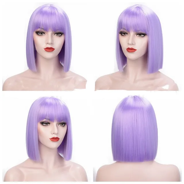 Full Lace Straight Hair Shoulder Length Short Bob Wigs For Women With Bangs Ombre Gray 12Inches Purple - Shop at LoveMi