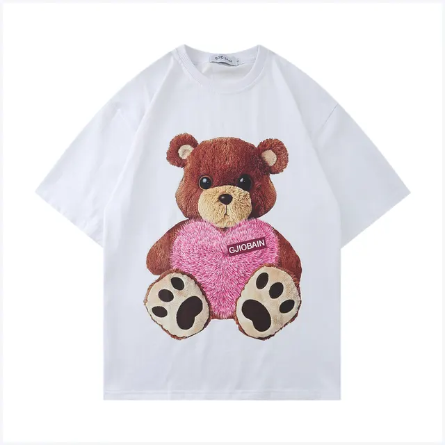 Embrace The Love Bear Print National Tide Short Sleeved T Shirt Men And Women Loose Bottoming Shirt Trend Summer White - Shop at LoveMi