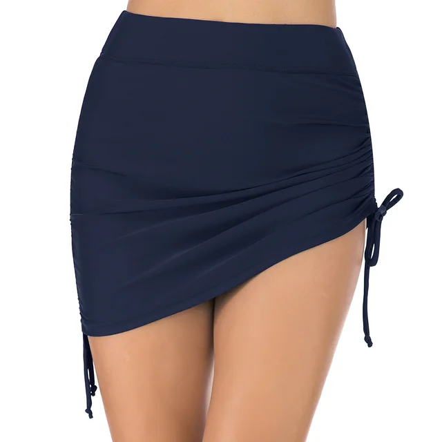 Leisure Vacation Ladies Split Swimming Skirt Pure Color Adjustable High Waist Swimming Trunks Navy Blue - Shop at LoveMi