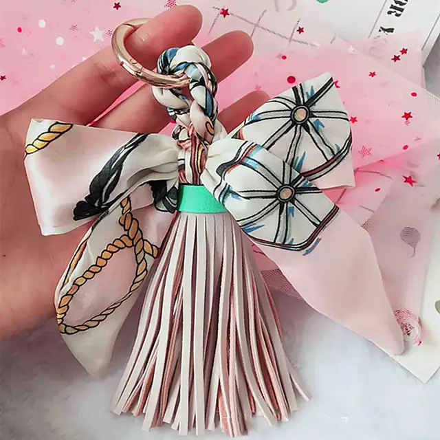 Ribbon Leather Big Tassel Keychain Pendant Pink - Shop at LoveMi