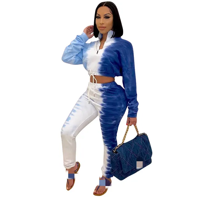 Casual Positioning Printed Stretch Sweatshirt With Waist Sports Two Piece Suit Blue - Shop at LoveMi