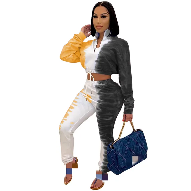 Casual Positioning Printed Stretch Sweatshirt With Waist Sports Two Piece Suit Yellow - Shop at LoveMi