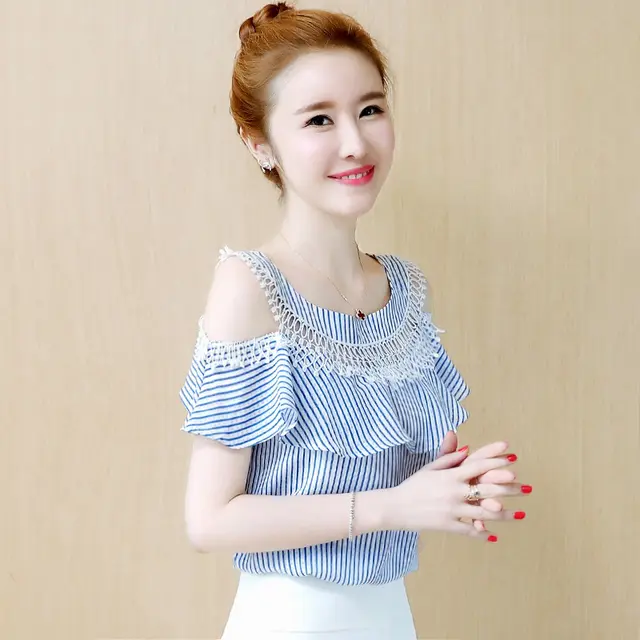 One Shoulder Off Shoulder Short Sleeved Chiffon Top Women'S Clothing Blue - Shop at LoveMi