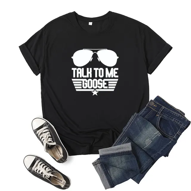 Talk To Me Goose Letter Print Short Sleeve Round Neck T Shirt Europe and America Black - Shop at LoveMi