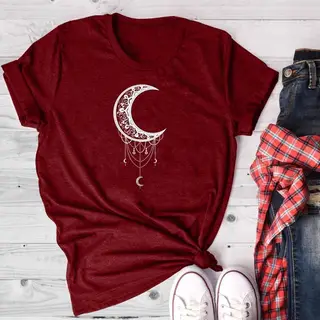 Sun Moon Women Tshirt O-neck T Shirt Women Cotton Printed Camiseta Mujer Short Sleeve Tshirt - Red