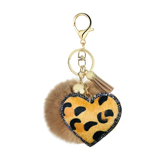 Velvet Diamond Studded Leopard Pattern Love Style Hair Ball Keychain Pendant Bell Accessories Car Luggage Pendant Khaki - Shop at LoveMi