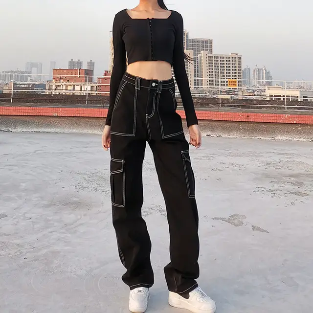 Pocket Contrast Color Loose And Slim Straight Leg Jeans Black - Shop at LoveMi