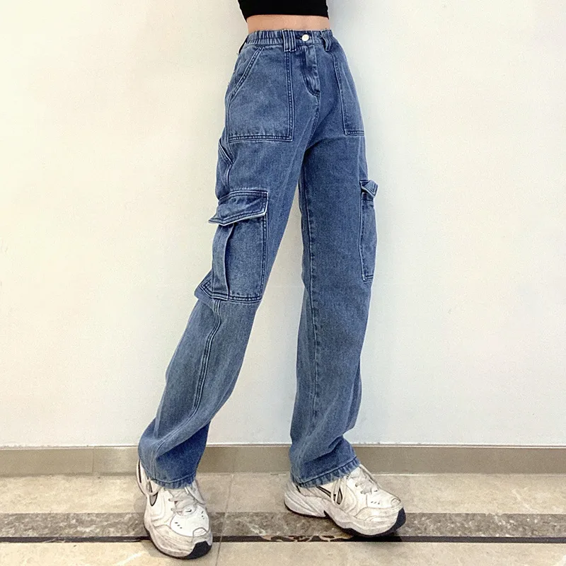 Pocket Contrast Color Loose And Slim Straight-Leg Jeans - Blue