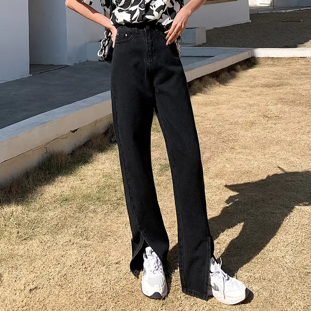 Spring Split Retro High Waist Mopping Jeans Women Black - Shop at LoveMi