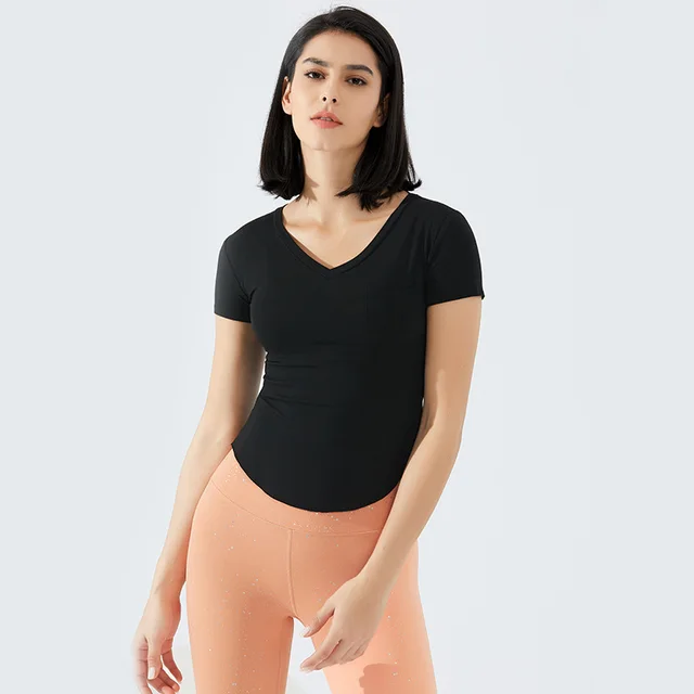 Pocket V Neck Slim Sports T Shirt For Women Black - Shop at LoveMi