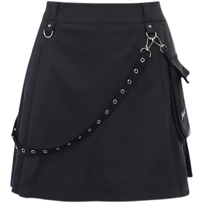 InstaHot Black Pockets High Waist Skirts Strap Zipper Pleated Skirt Women Gothic Punk Streetwear Casual Cargo Skirt Fashion - Black