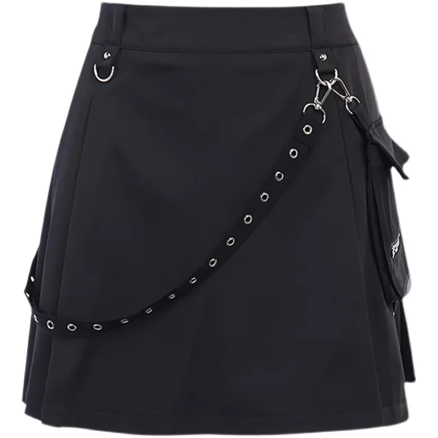 InstaHot Black Pockets High Waist Skirts Strap Zipper Pleated Skirt Women Gothic Punk Streetwear Casual Cargo Skirt Fashion Black - Shop at LoveMi