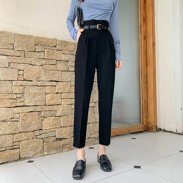 High Waist Straight Leg Suit Trousers Casual Pants Black - Shop at LoveMi