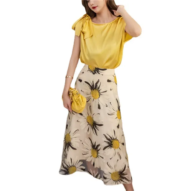 Summer New Sweet Style Skirt 1287 Printed Sunflower Gauze Large Skirt A Line Long Skirt Yellow - Shop at LoveMi