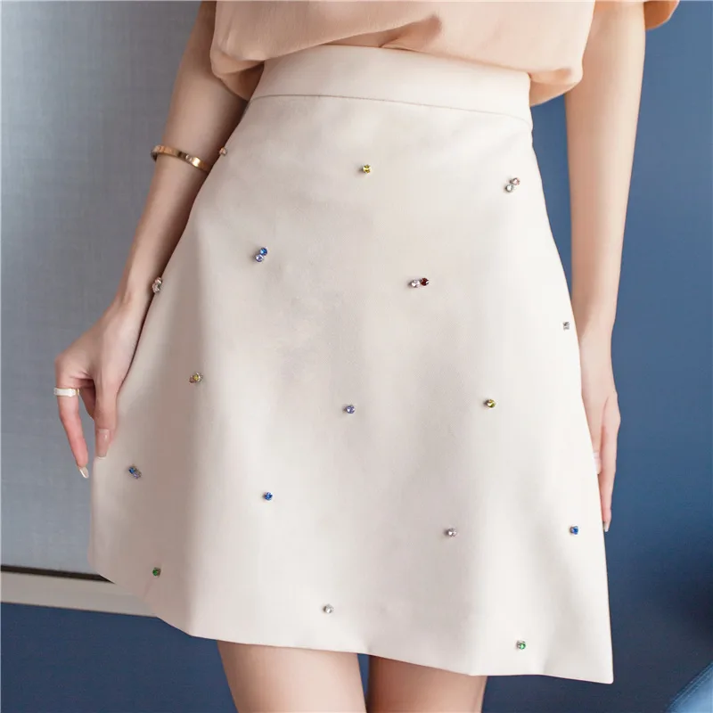 Summer New Style European And American Style A Line Skirt Fashion Beaded High Waist Skirt Nanyou Women'S Short Skirt White - Shop at LoveMi
