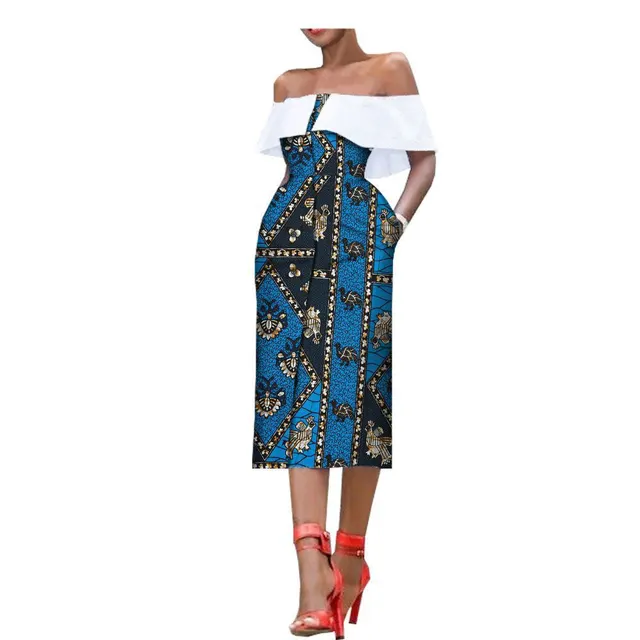 Sleeveless Printed One Chest Off Shoulder Gown Blue - Shop at LoveMi