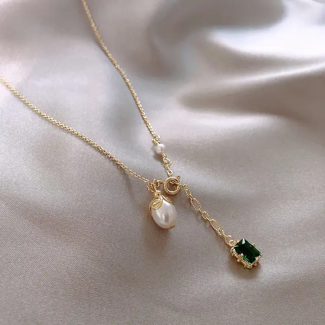 Simple Emerald Pearl Pendant Necklace Elegant White Gold - Shop at LoveMi