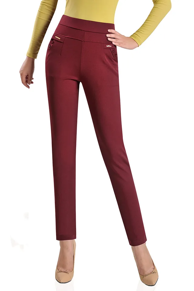 Women's Trousers Elastic Waist Elastic High Waist Wine Red - Shop at LoveMi