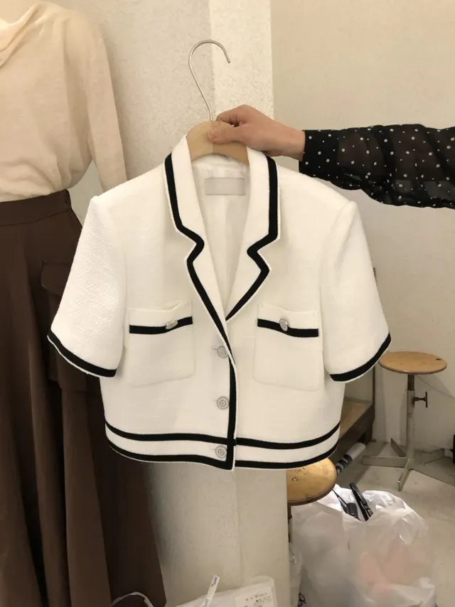 Fashionable style small fragrance lapel buttoned short sleeved blazer White - Shop at LoveMi