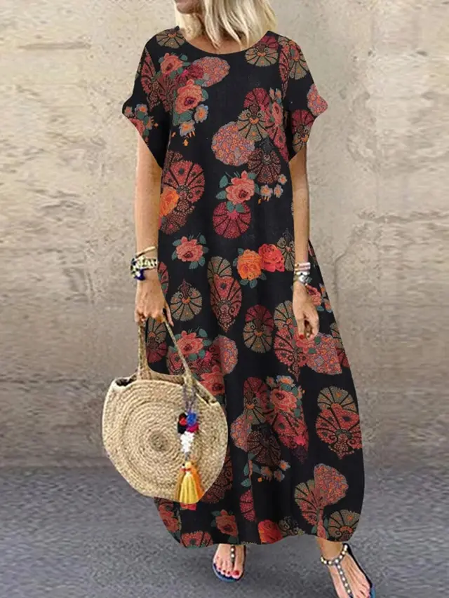 New Style Casual Retro Cotton And Linen Dress Black Red - Shop at LoveMi