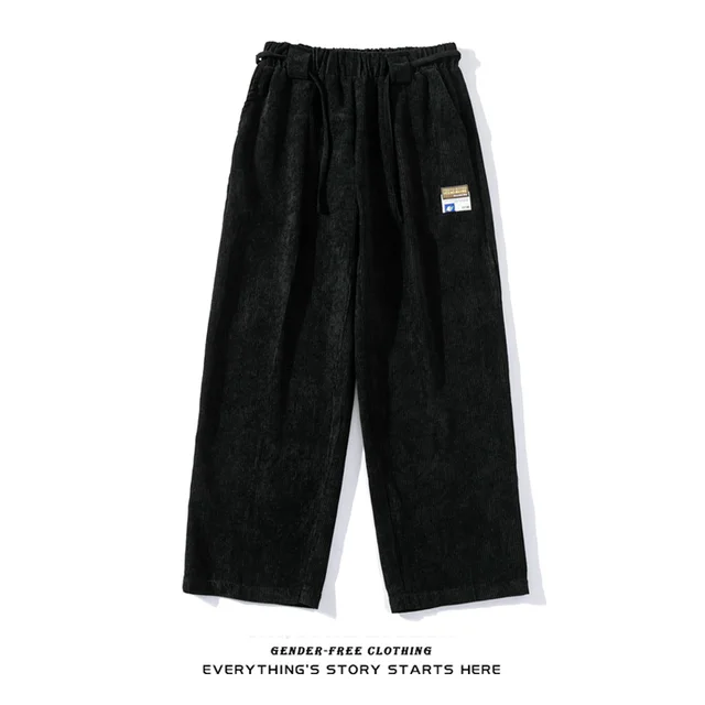 Zorohom Spring And Summer New Corduroy Straight Casual Pants For Men And Women Loose Wide Leg Wild Pure Color Four Seasons Black - Shop at LoveMi