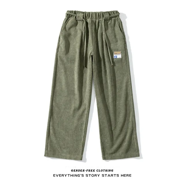 Zorohom Spring And Summer New Corduroy Straight Casual Pants For Men And Women Loose Wide Leg Wild Pure Color Four Seasons Green - Shop at LoveMi
