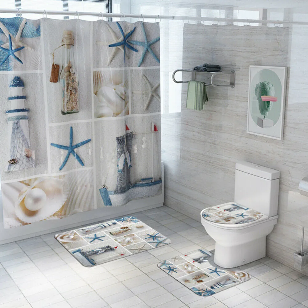 Non Slip Toilet Seat Cover Bath Mat Polyester Waterproof Shower Curtain Set Bathroom Carpet Home Decor Bathroom Foot Mat - Bath Towel