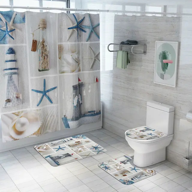 Non Slip Toilet Seat Cover Bath Mat Polyester Waterproof Shower Curtain Set Bathroom Carpet Home Decor Bathroom Foot Mat Bath Towel - Shop at LoveMi