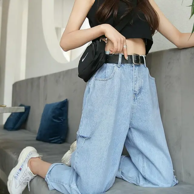 Women's Ninth Pants Ripped High Waist Jeans Blue - Shop at LoveMi