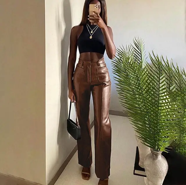 High Waist Bag Hip Motorcycle Straight Pu Trousers Brown - Shop at LoveMi