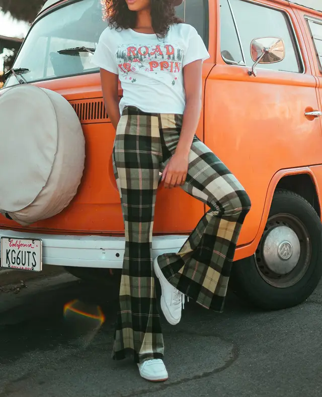 Ladies Plaid Print Fashion Slim Bootcut Trousers Green - Shop at LoveMi