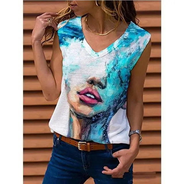 Cross Border Spring V Neck Printed Sleeveless Pullover Casual Loose T Shirt Light Blue - Shop at LoveMi