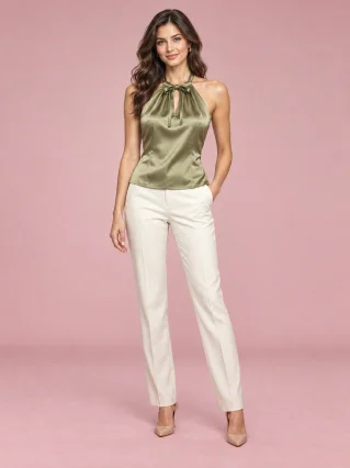 Cryptographic Fashion Satin Halter Crop Tops Sleeveless - Green