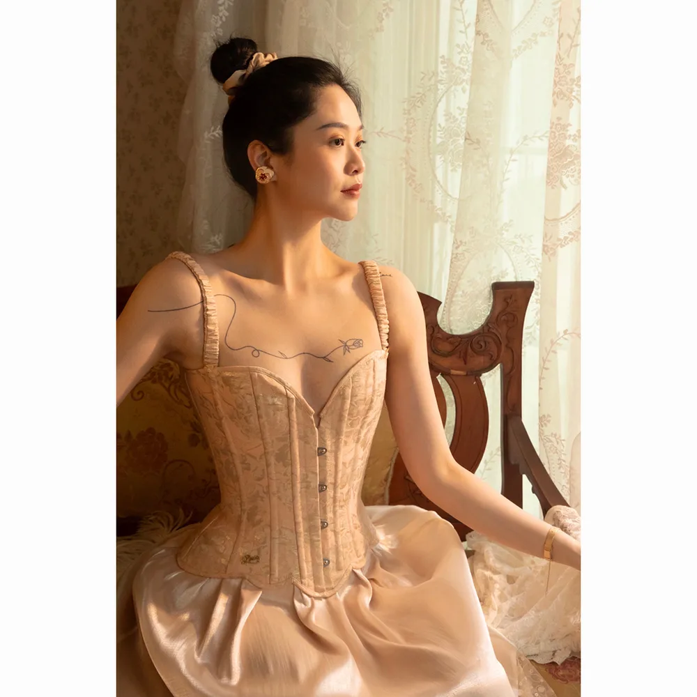 Niche Thin French Pink Jacquard Fish Bone Corset Apricot - Shop at LoveMi