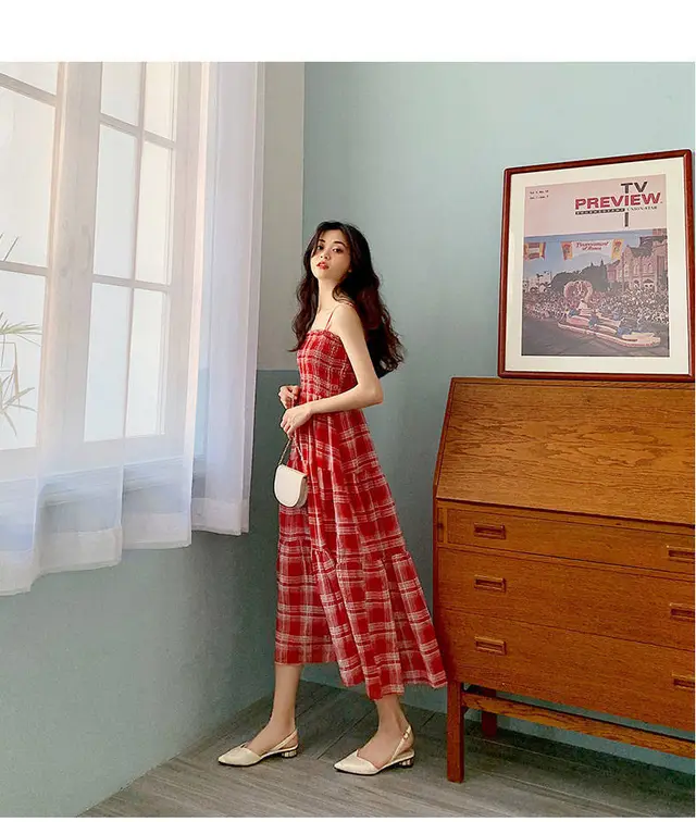 Check Waist cChiffon Dress With Slim Temperament Red - Shop at LoveMi