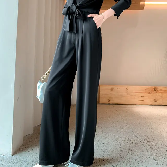 Acetate Satin Wide Leg Pants Drape Satin Loose Fitting Long Mopping Pants Black - Shop at LoveMi