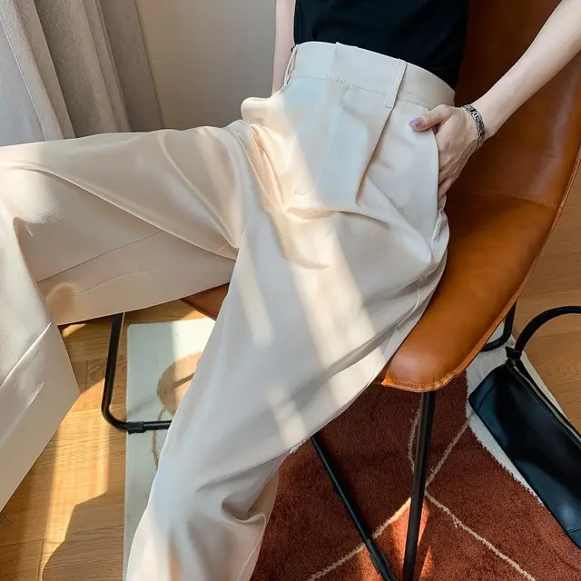 Acetate Satin Wide Leg Pants Drape Satin Loose Fitting Long Mopping Pants Pink - Shop at LoveMi