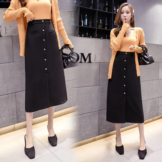 High Waist Mid Length Slit Bag Hip Skirt A Line Skirt Black - Shop at LoveMi