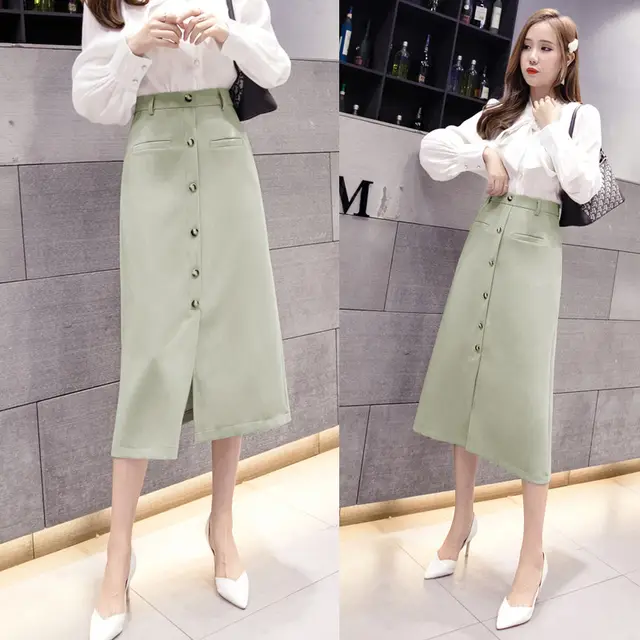 High Waist Mid Length Slit Bag Hip Skirt A Line Skirt Green - Shop at LoveMi