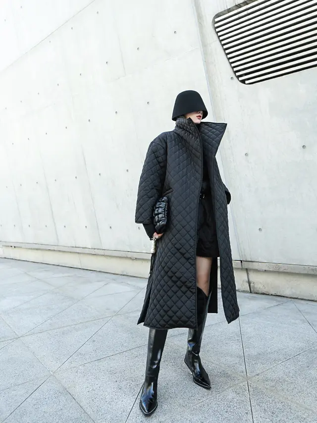 Diablo turn up high neck quilted cotton long coat Black - Shop at LoveMi