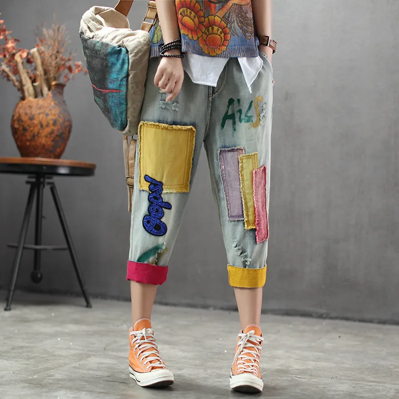 Summer Thin Light-colored Denim Cropped Trousers Patch - Light Blue
