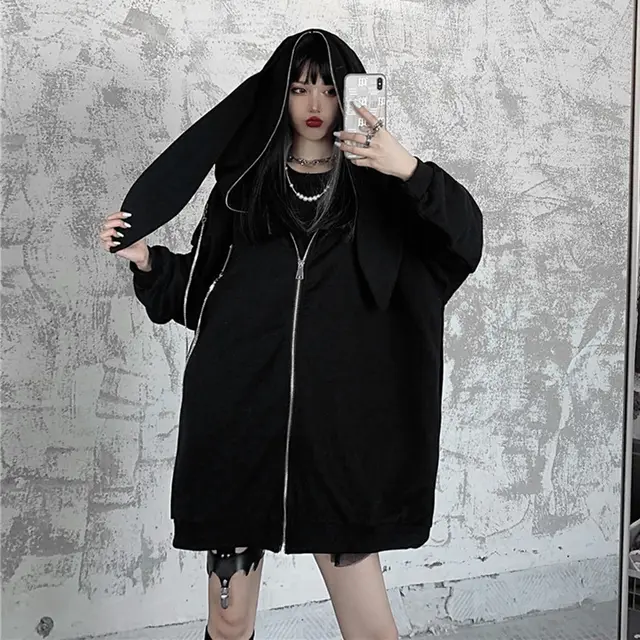 Rabbit Ears Hooded Sweater Women Spring And Autumn Black Jacket Black - Shop at LoveMi